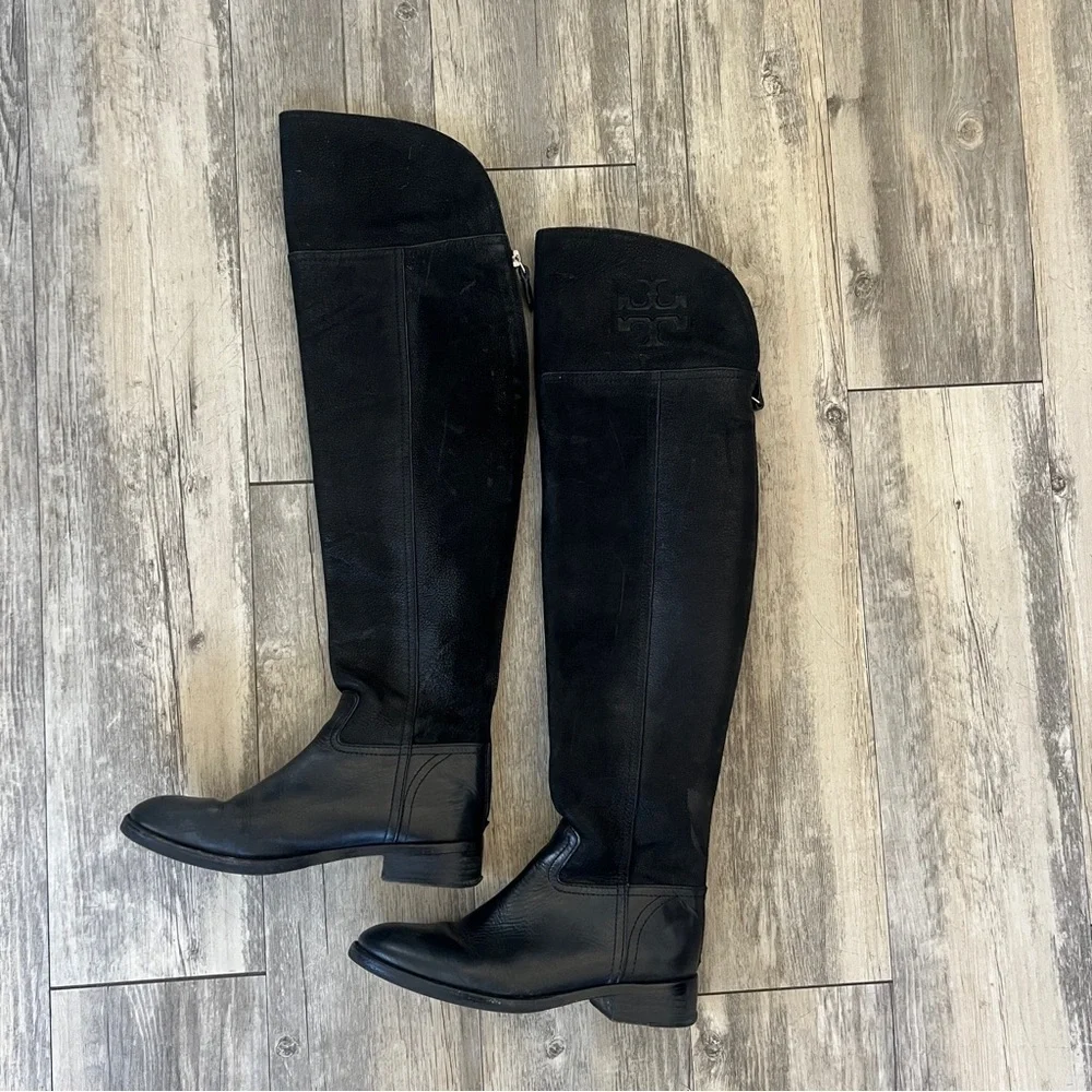 Tory Burch Suede and Leather Tall Riding Boots in Black